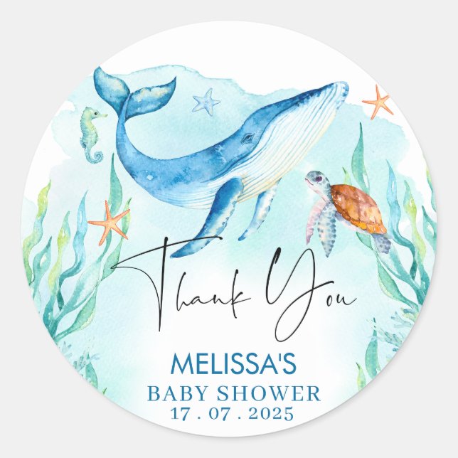 Sticker Rond Aquarelle Bleu Océan Sous Le Baby shower De Mer (Devant)