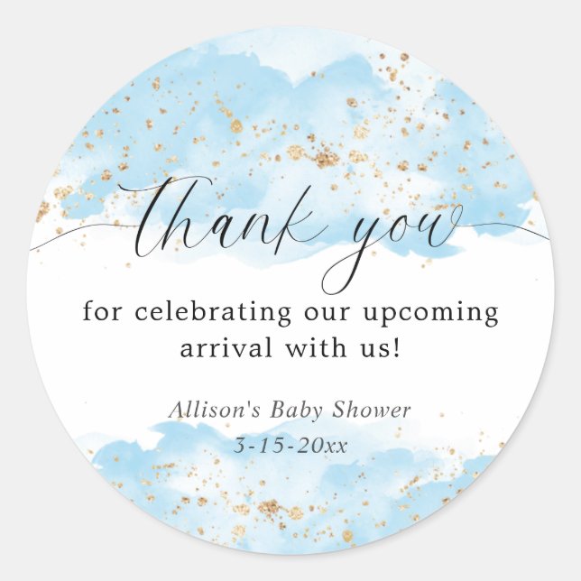 Sticker Rond Aquarelle bleu or blanc baby shower merci (Devant)