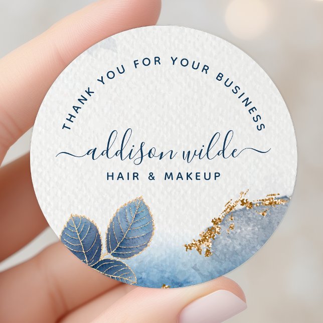 Sticker Rond Aquarelle bleu or Botanique Feuille Merci (Créateur téléchargé)
