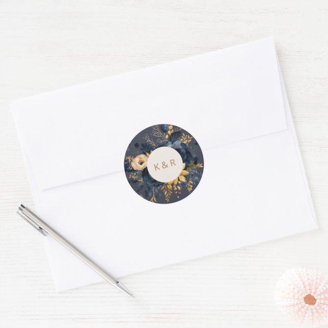 Sticker Rond Aquarelle bleu or Floral Mariage (Enveloppe)