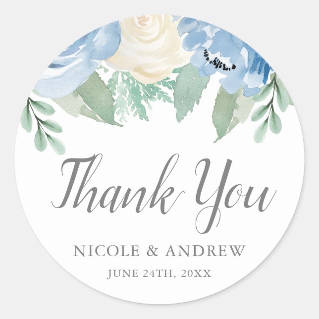 Sticker Rond Aquarelle bleu poussiéreux Merci Floral (Devant)