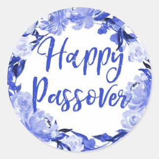 Sticker Rond Aquarelle bleu royal Floral Happy Passover
