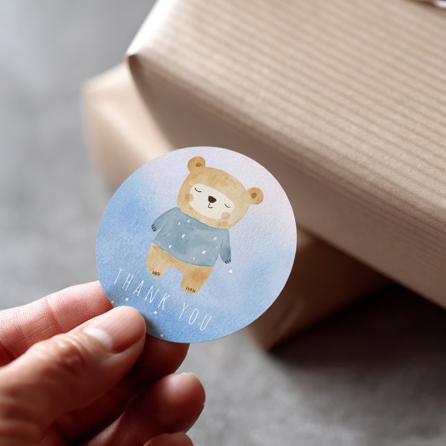 Sticker Rond Aquarelle bleu style mignon rêve Ours Merci (Pink and blue boy sleepy bear thank you sticker)
