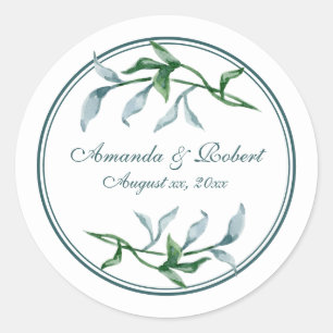 Sticker Rond Aquarelle Bleu Vert Branches Florales Mariage