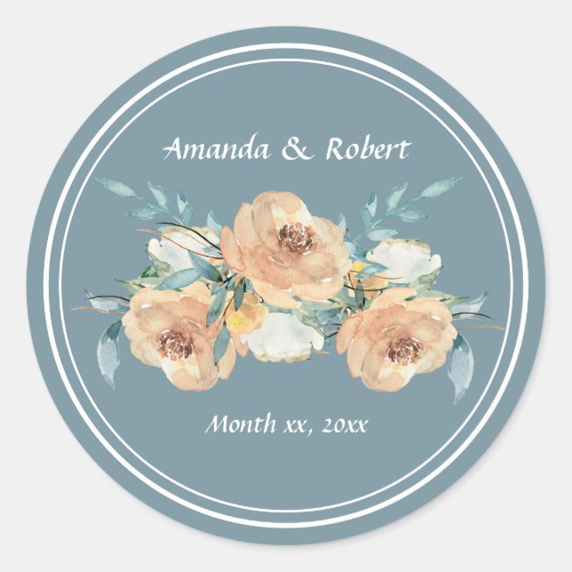 Sticker Rond Aquarelle Bleu, Vert, Taupe Floral Classe Mariage (Devant)