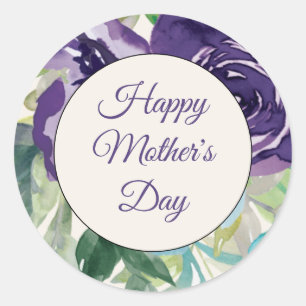 Sticker Rond Aquarelle bleu violet Floral Joyeuse fête des mère