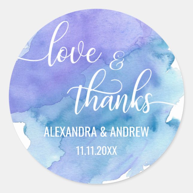 Sticker Rond Aquarelle Bleu violet Mariage Amour & Merci (Devant)