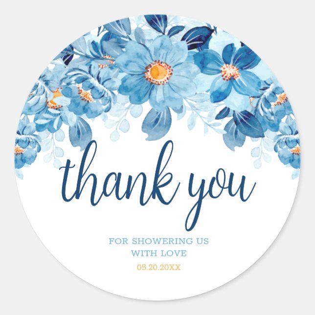 Sticker Rond Aquarelle bleue Baby shower Floral Merci Favoriser (Devant)