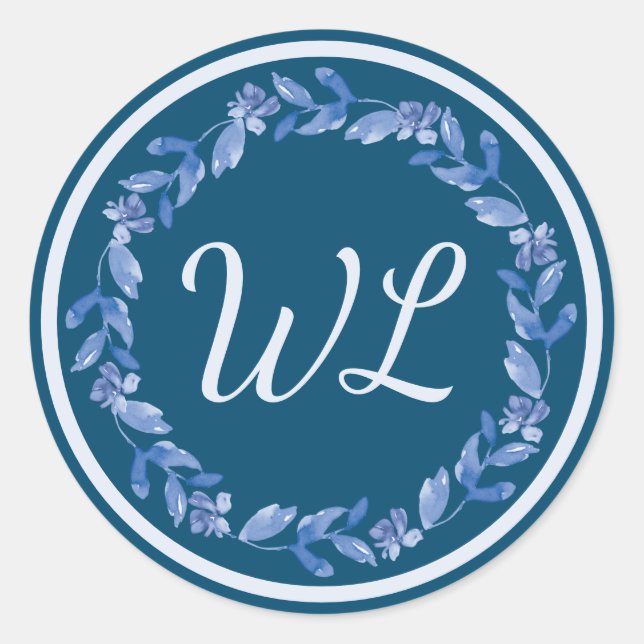 Sticker Rond Aquarelle bleue Fleur couronne Monogramme (Devant)