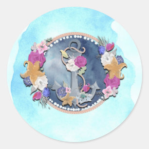 Sticker Rond Aquarelle bleue moderne florale nautique ancre