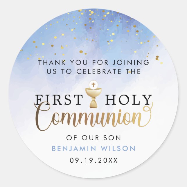 Sticker Rond Aquarelle bleue Premier Merci de communion (Devant)
