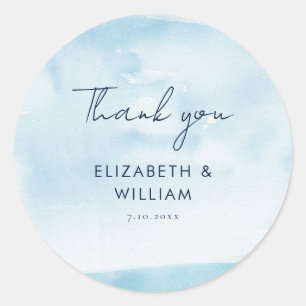 Sticker Rond Aquarelle bleue Script Merci mariage Faveur