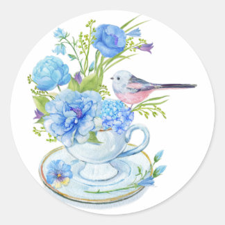 Sticker Rond Aquarelle Blue Flowers et Bird Tea Cup