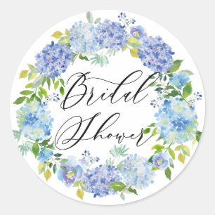 Sticker Rond Aquarelle Blue Hydrangeas Wreath Fête des mariées