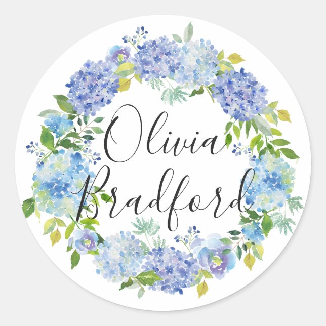 Sticker Rond Aquarelle Blue Hydrangeas Wreath Personnalisé (Devant)