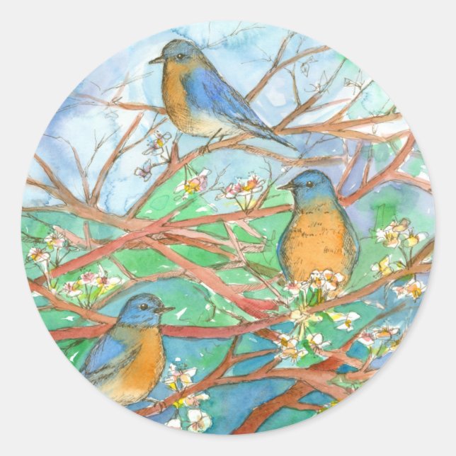 Sticker Rond Aquarelle Bluebirds Cerisier Fruit Fleur Arbre (Devant)
