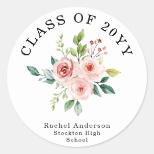 Sticker Rond Aquarelle Blush Rose Floral Classe de graduation