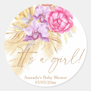Sticker Rond Aquarelle bohème herbe de pampa - C'est une fille 