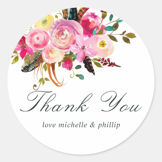 Sticker Rond Aquarelle Boho Chic Mariage Floral Merci (Devant)