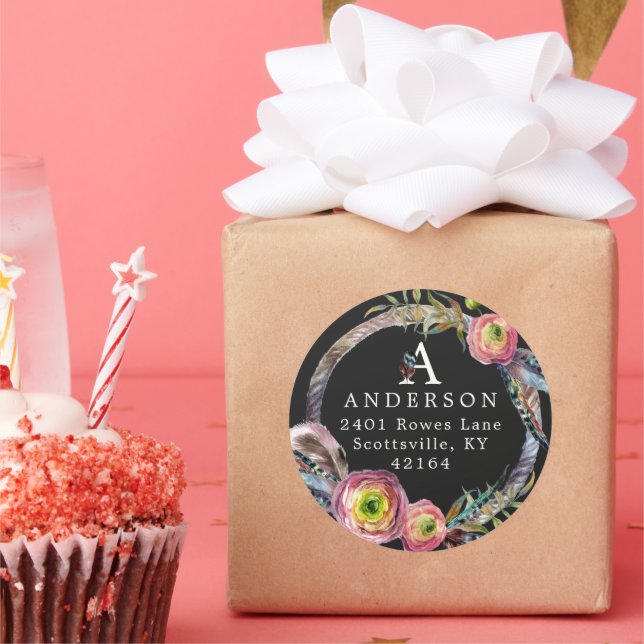 Sticker Rond Aquarelle Boho Feather Wath Monogramme Adresse (Fête)