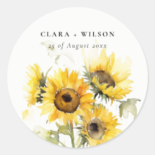 Sticker Rond Aquarelle Boho minimale Tournesol Mariage rustique