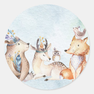 Sticker Rond Aquarelle Boho Ours Rustique Animaux Baby shower