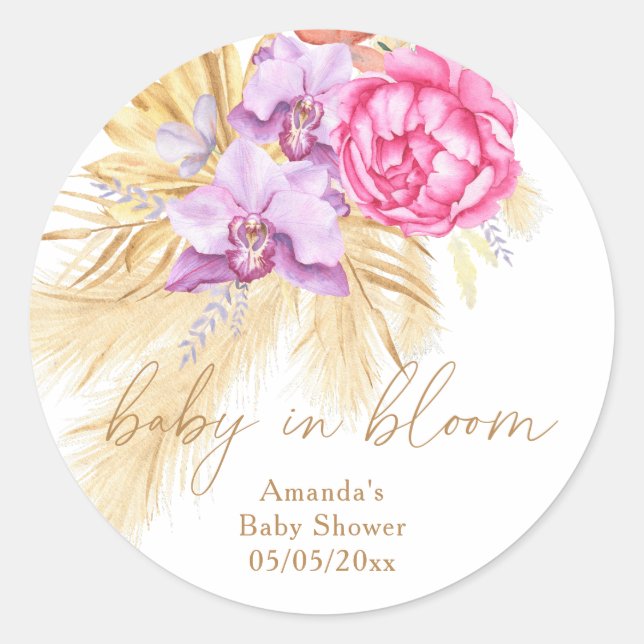 Sticker Rond Aquarelle boho pampas herbe - Baby shower (Devant)