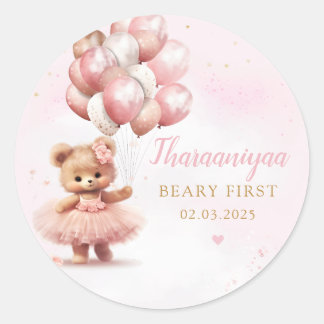Sticker Rond Aquarelle Boho rose Teddy Bear Baby shower fille