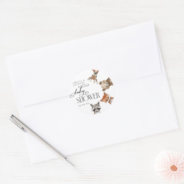 Sticker Rond Aquarelle Bois Animaux Baby shower moderne (Enveloppe)