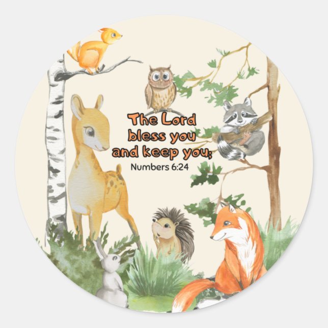 Sticker Rond Aquarelle Bois Animaux Bienheureux Écriture (Devant)