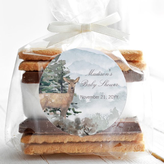 Sticker Rond Aquarelle Bois Forêt Baby shower Doe (Watercolor Woodland Forest Doe Baby Shower Favor Sticker)