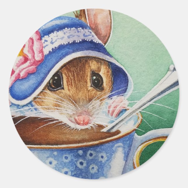 Sticker Rond Aquarelle Bonnet Bleu pour souris à temps de thé W (Devant)