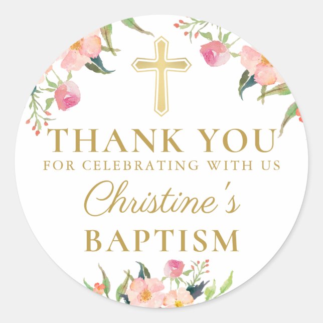 Sticker Rond Aquarelle Botanique Rose Floral Baptism Merci (Devant)