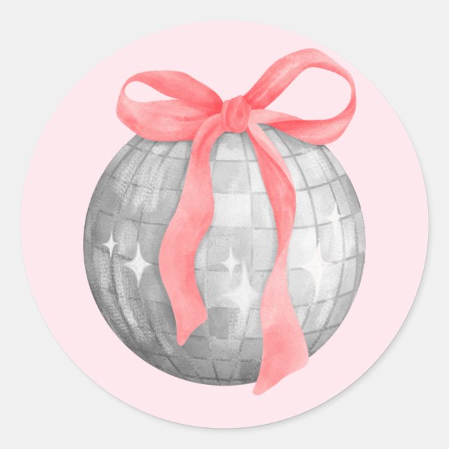 Sticker Rond Aquarelle Boule rouge rose Bow Silver Disco Ball (Devant)