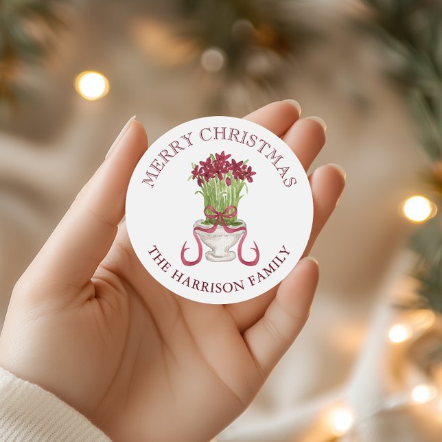 Sticker Rond Aquarelle Bourgogne Amaryllis Cadeau de Noël (Créateur téléchargé)