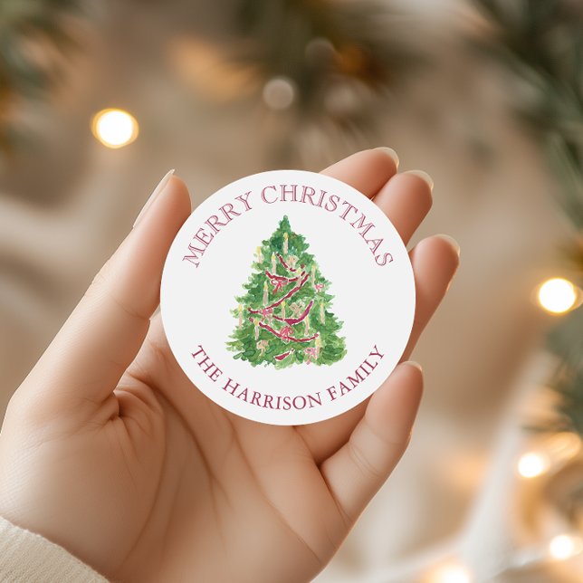 Sticker Rond Aquarelle Bourgogne et arbre de Noël vert (Créateur téléchargé)