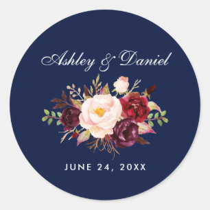 Sticker Rond Aquarelle Bourgogne Floral Mariage bleu