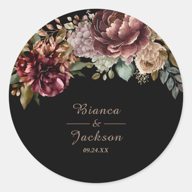 Sticker Rond Aquarelle Bourgogne foncée Fleur mariage faveur (Devant)