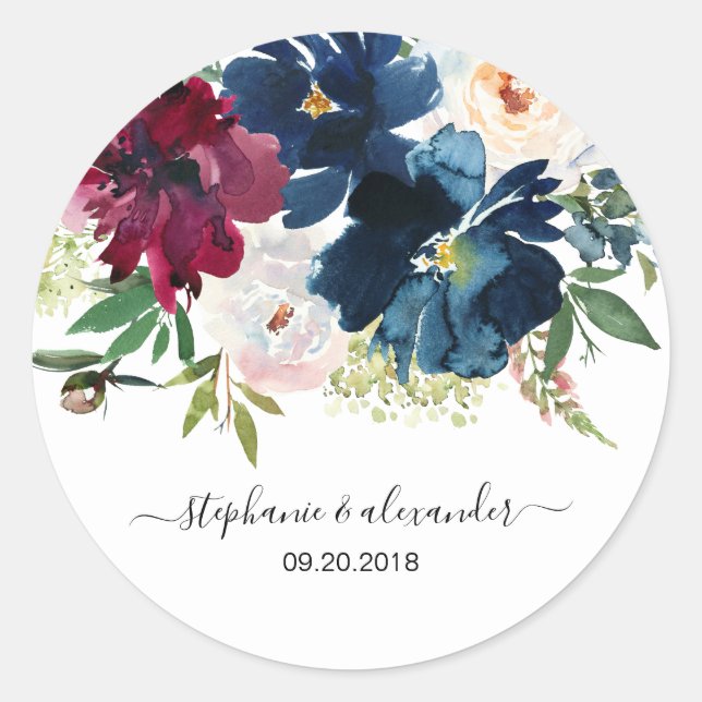 Sticker Rond Aquarelle Bourgogne Mariage de fleurs de marine (Devant)