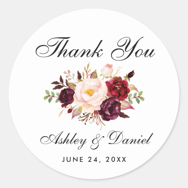 Sticker Rond Aquarelle Bourgogne Mariage Floral Merci (Devant)