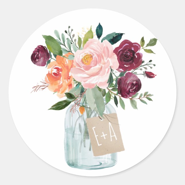 Sticker Rond Aquarelle Bourgogne Orange Rose Floral Mason Jar (Devant)