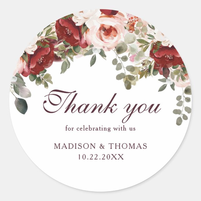 Sticker Rond Aquarelle Bourgogne Rouge Floral Mariage Merci (Devant)