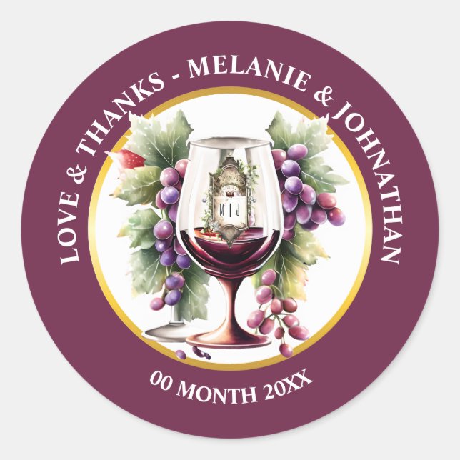 Sticker Rond Aquarelle bouteilles de vin raisins vinerie bourgo (Devant)