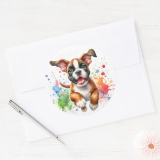 Sticker Rond Aquarelle Boxer Chien Joie