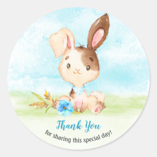 Sticker Rond Aquarelle Boy Bunny Baby shower ferme Merci