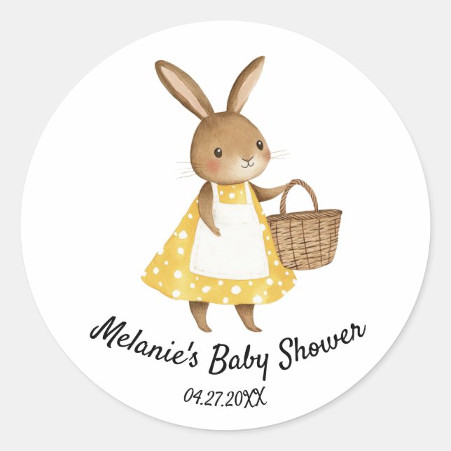 Sticker Rond Aquarelle Bunny Holding Panier Jardin Baby shower (Devant)