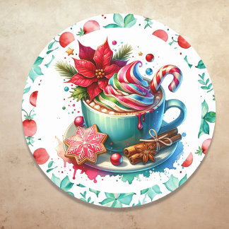 Sticker Rond Aquarelle cacao chaud, bâtonnets de cannelle Sucre