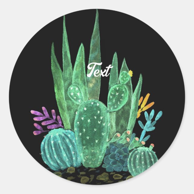 Sticker Rond Aquarelle, cactus, fleurs grand horloge (Devant)
