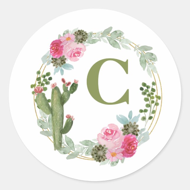 Sticker Rond Aquarelle Cactus Rose Floral Wreath Personnalisé (Devant)