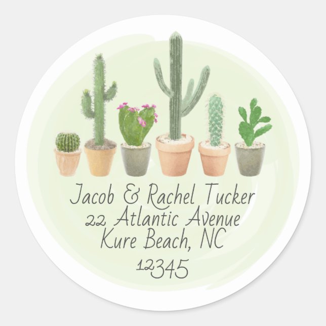 Sticker Rond Aquarelle Cactus Succulents Pots Adresse de retour (Devant)